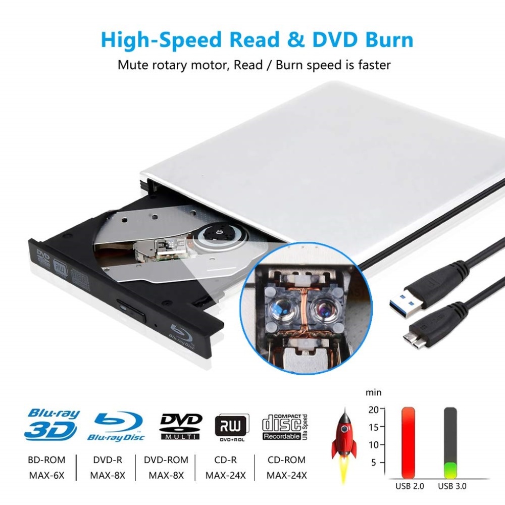 Silver – External 4K 3D Blu Ray DVD Drive,